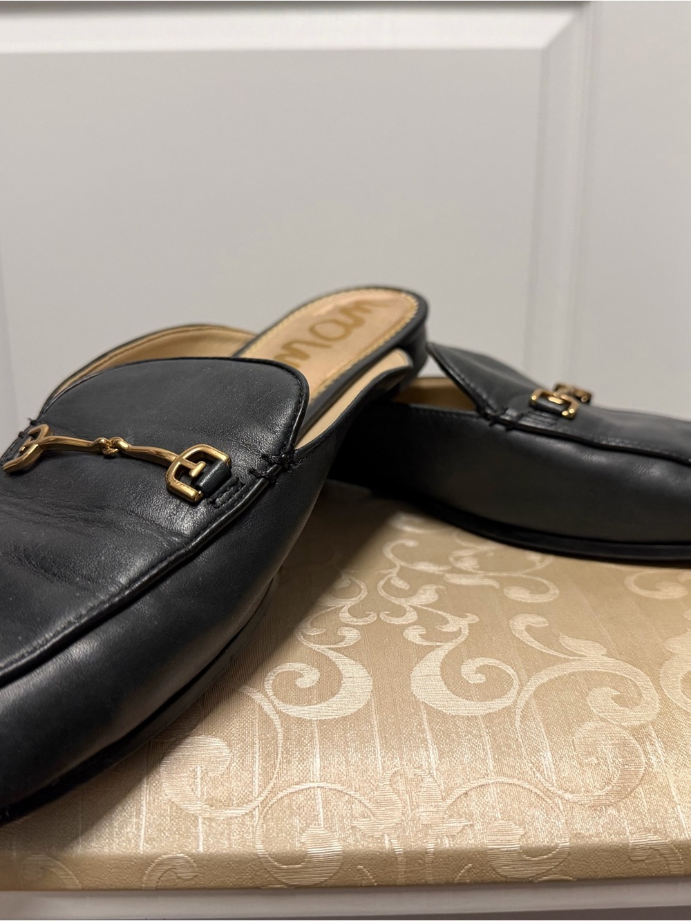 Sam Edelman Black Leather Slip-On Mules with Gold Hardware